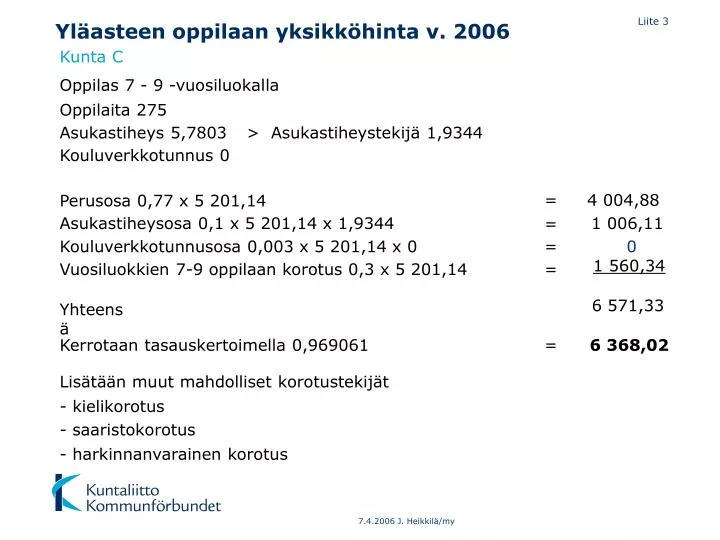 yl asteen oppilaan yksikk hinta v 2006