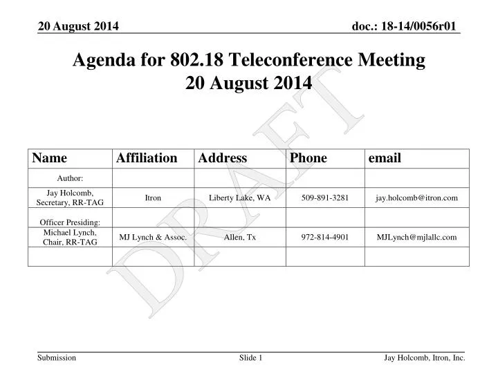 agenda for 802 18 teleconference meeting 20 august 2014