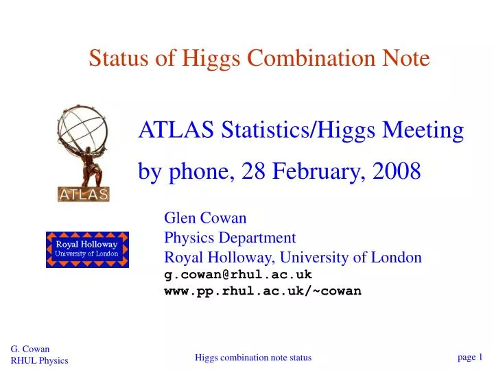 status of higgs combination note