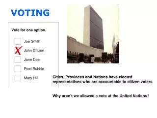 Cities, Provinces and Nations have elected representatives who are accountable to citizen voters.