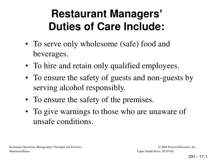 restaurant managers duties of care include