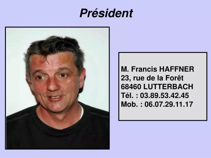 m francis haffner 23 rue de la for t 68460 lutterbach t l 03 89 53 42 45 mob 06 07 29 11 17