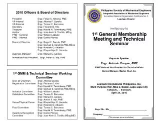 invites you to 1 st General Membership Meeting and Technical Seminar