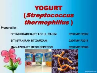 YOGURT ( Streptococcus thermophillus ) Prepared by: