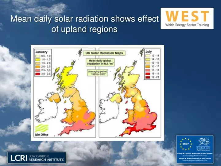 mean daily solar radiation shows effect of upland regions