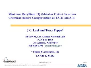 Minimum Beryllium TQ (Metal or Oxide) for a Low Chemical Hazard Categorization at TA-21 MDA-B