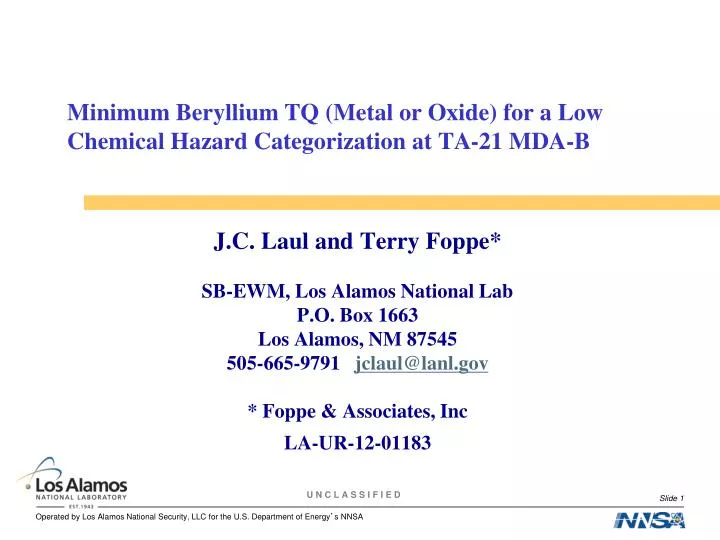minimum beryllium tq metal or oxide for a low chemical hazard categorization at ta 21 mda b