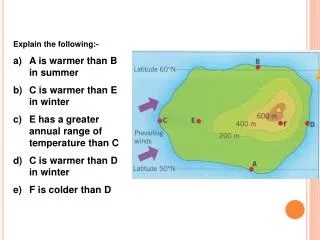 Explain the following:- A is warmer than B in summer C is warmer than E in winter