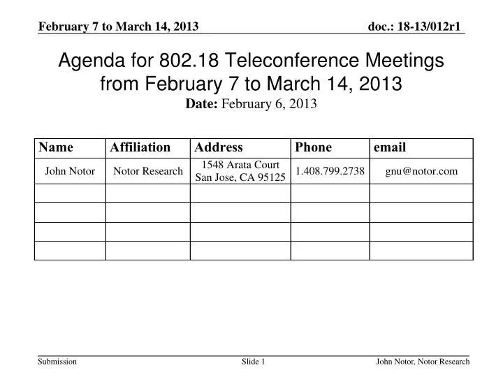 agenda for 802 18 teleconference meetings from february 7 to march 14 2013