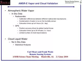 AMSR-E Vapor and Cloud Validation
