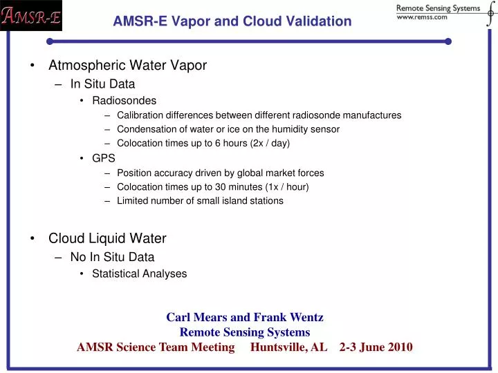 amsr e vapor and cloud validation