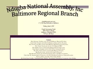 Ndugba National Assembly, Inc Baltimore Regional Branch