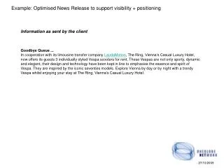 Example: Optimised News Release to support visibility + positioning