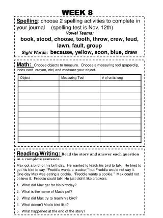 Reading/Writing: Read the story and answer each question in a complete sentence.