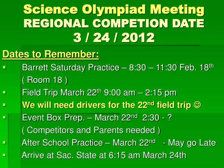 science olympiad meeting regional competion date 3 24 2012