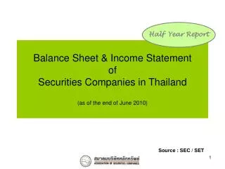 Balance Sheet &amp; Income Statement of Securities Companies in Thailand (as of the end of June 2010)