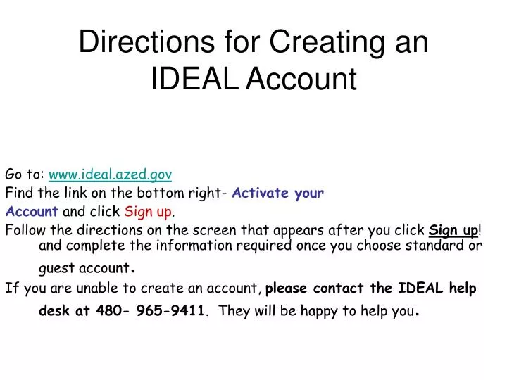 directions for creating an ideal account