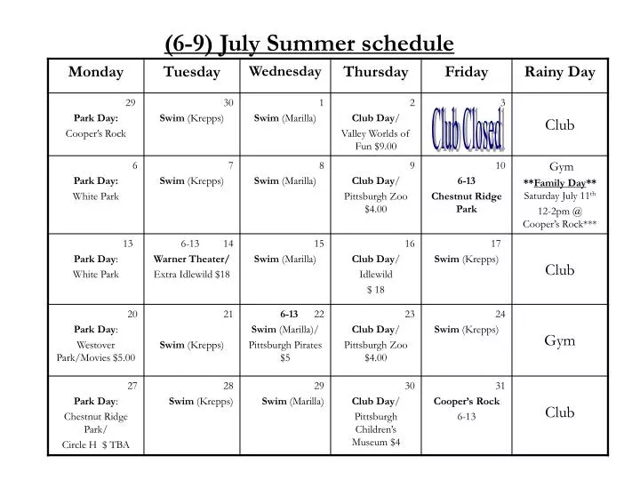 6 9 july summer schedule