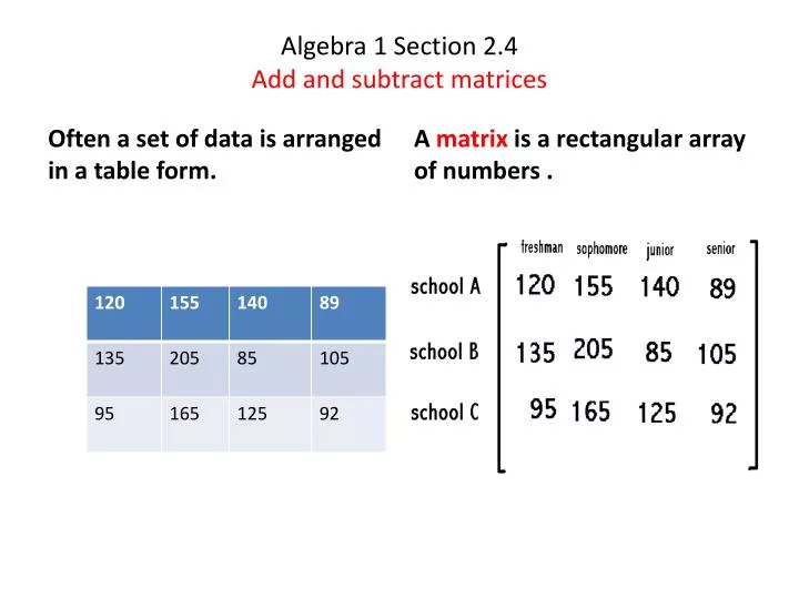 algebra 1 section 2 4 add and subtract matrices