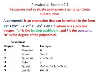 Precalculus Section 2.1 Recognize and evaluate polynomials using synthetic substitution.