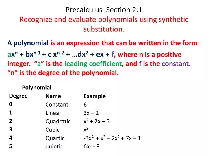 precalculus section 2 1 recognize and evaluate polynomials using synthetic substitution