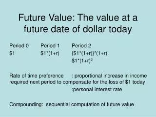 Future Value: The value at a future date of dollar today