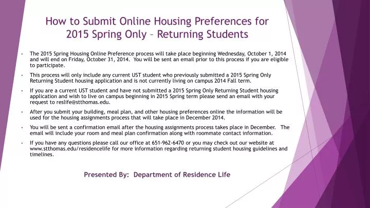 how to submit online housing preferences for 2015 spring only returning students