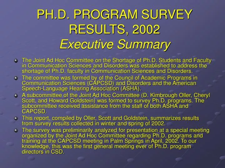 ph d program survey results 2002 executive summary
