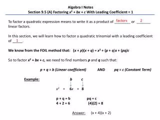 Algebra I Notes Section 9.5 (A) Factoring x 2 + bx + c With Leading Coefficient = 1