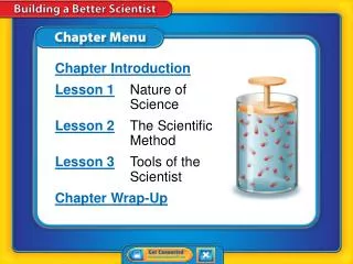 Chapter Introduction Lesson 1 	Nature of 	Science Lesson 2 	The Scientific 	Method