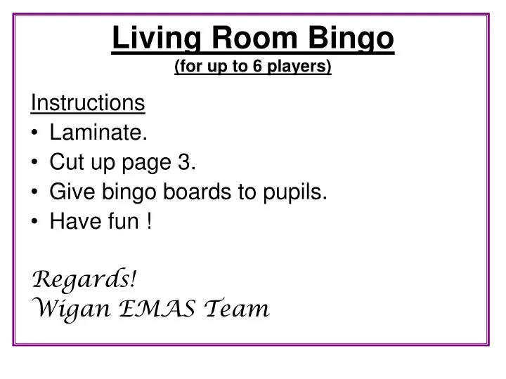living room bingo for up to 6 players