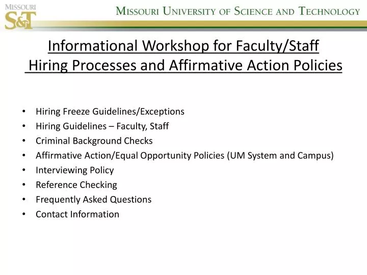 informational workshop for faculty staff hiring processes and affirmative action policies