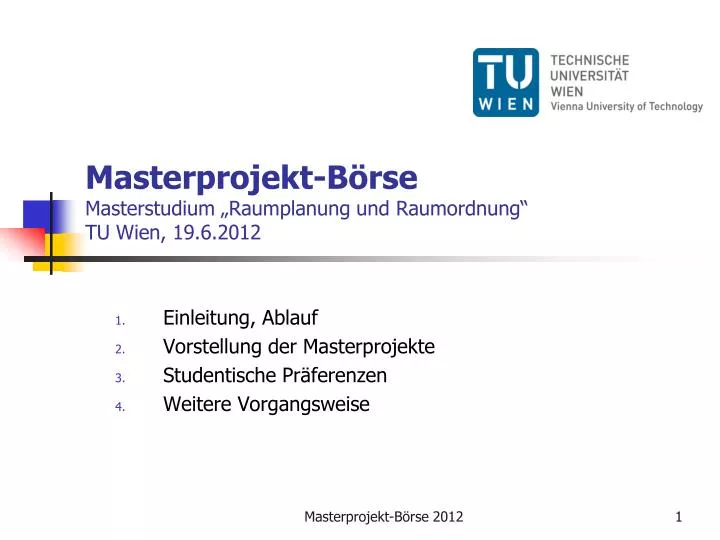 masterprojekt b rse masterstudium raumplanung und raumordnung tu wien 19 6 2012