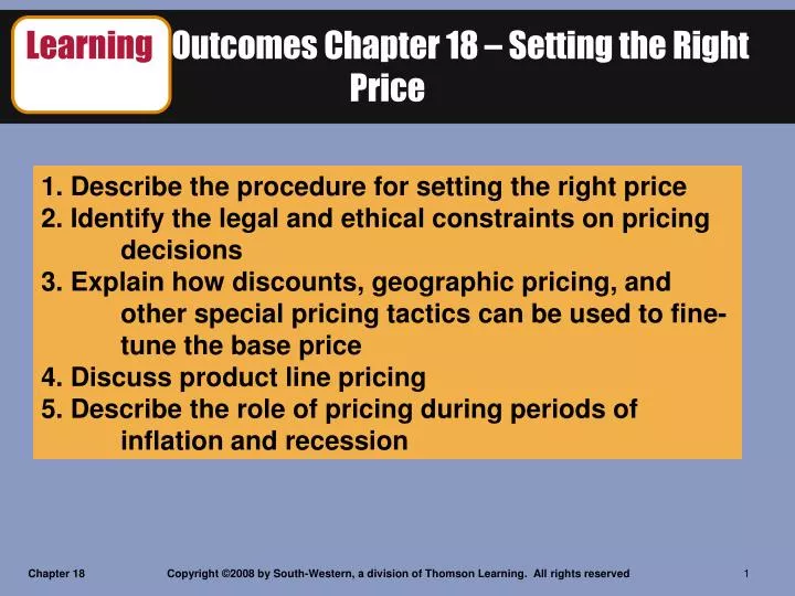 learning outcomes chapter 18 setting the right price