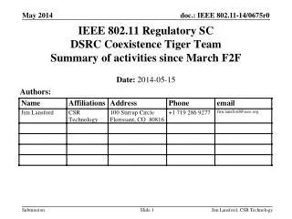 IEEE 802.11 Regulatory SC DSRC Coexistence Tiger Team Summary of activities since March F2F