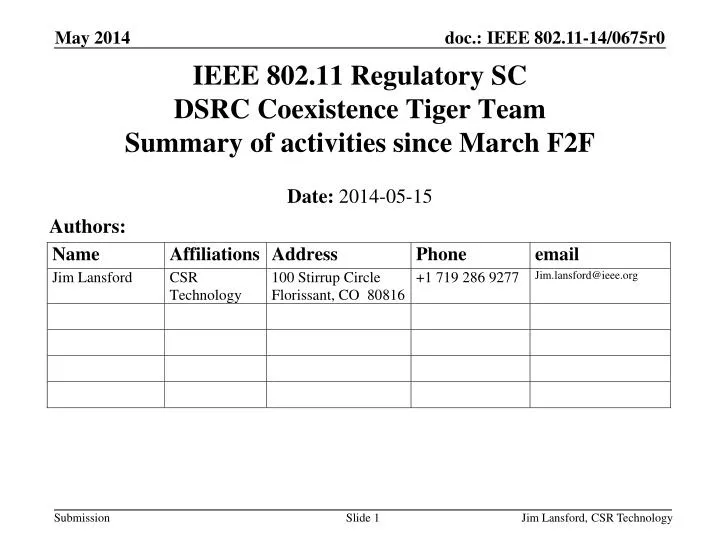 ieee 802 11 regulatory sc dsrc coexistence tiger team summary of activities since march f2f