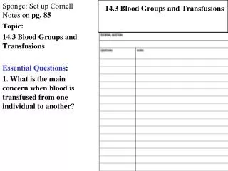 Sponge: Set up Cornell Notes on pg. 85 Topic: 14.3 Blood Groups and Transfusions