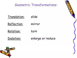 Translation: slide Reflection:	 mirror Rotation: turn Dialation: enlarge or reduce