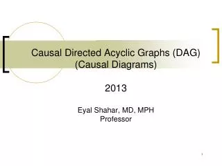 Causal Directed Acyclic Graphs (DAG) (Causal Diagrams) 2013 Eyal Shahar, MD, MPH Professor