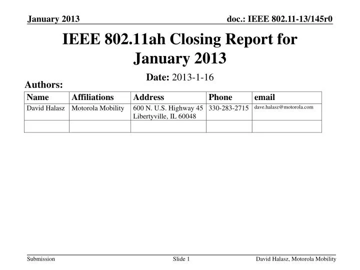 ieee 802 11ah closing report for january 2013