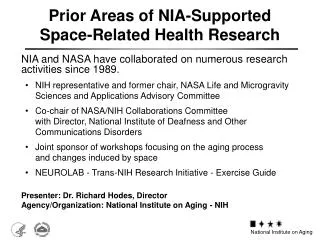 Prior Areas of NIA-Supported Space-Related Health Research