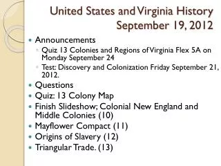 United States and Virginia History September 19, 2012