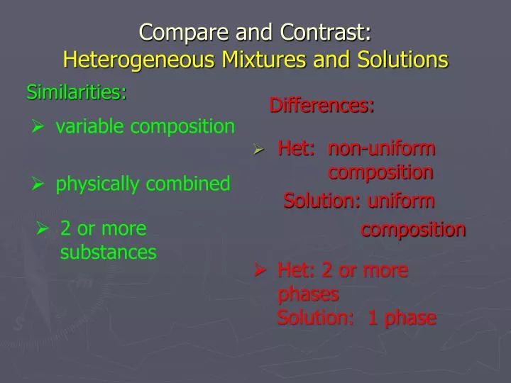 compare and contrast heterogeneous mixtures and solutions