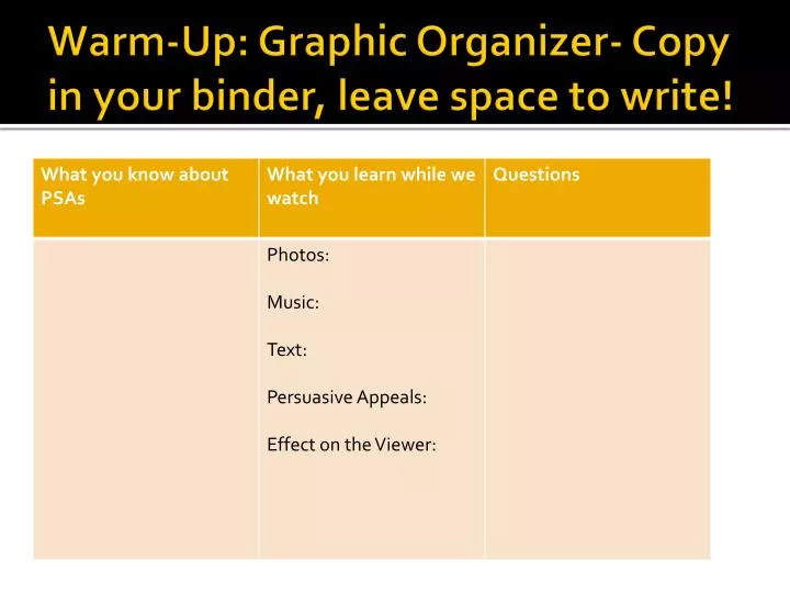 warm up graphic organizer copy in your binder leave space to write