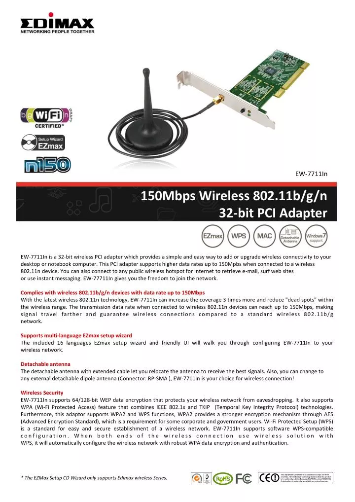 150mbps wireless 802 11b g n 32 bit pci adapter