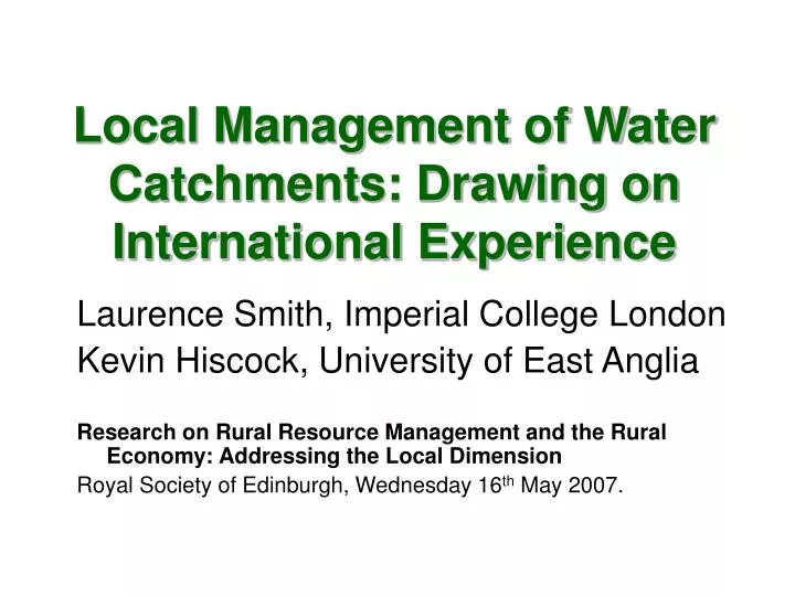 local management of water catchments drawing on international experience