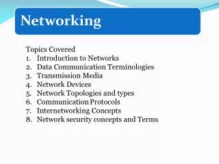 Topics Covered Introduction to Networks Data Communication Terminologies Transmission Media