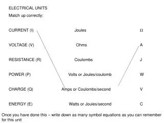 ELECTRICAL UNITS Match up correctly: CURRENT (I)	 Joules				 ?