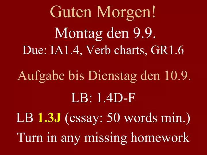 guten morgen montag den 9 9 due ia1 4 verb charts gr1 6