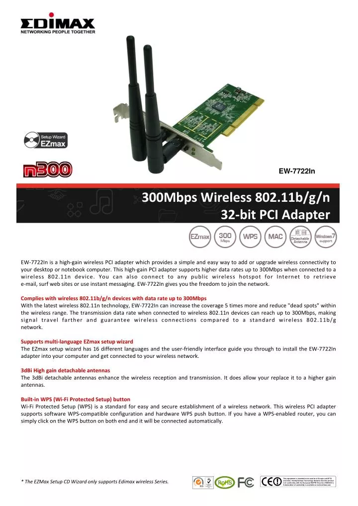 300mbps wireless 802 11b g n 32 bit pci adapter